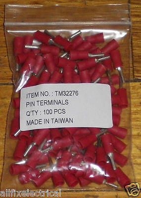 Red Insulated 1.9mm Pin Crimp Terminals (Pack of 100 Pieces) - Part Number TM32276-100, Electrical Appliance Crimp Terminals