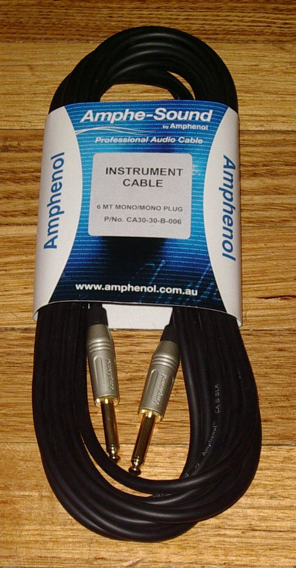 Amphenol Professional 6 - metre Audio Instrument Cable with 2 X 6.3mm Mono Gold - plated Phone Plugs (Part # LA2036)