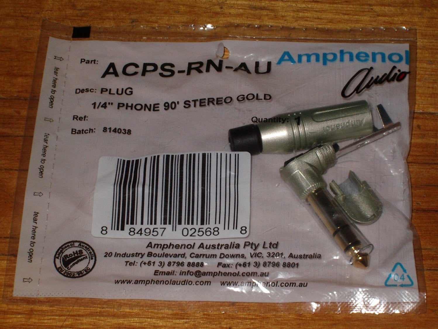 Amphenol 6.3mm Gold Plated Right - angled Stereo Phone Plug, Part # PD1460, ACPS - RN - AU