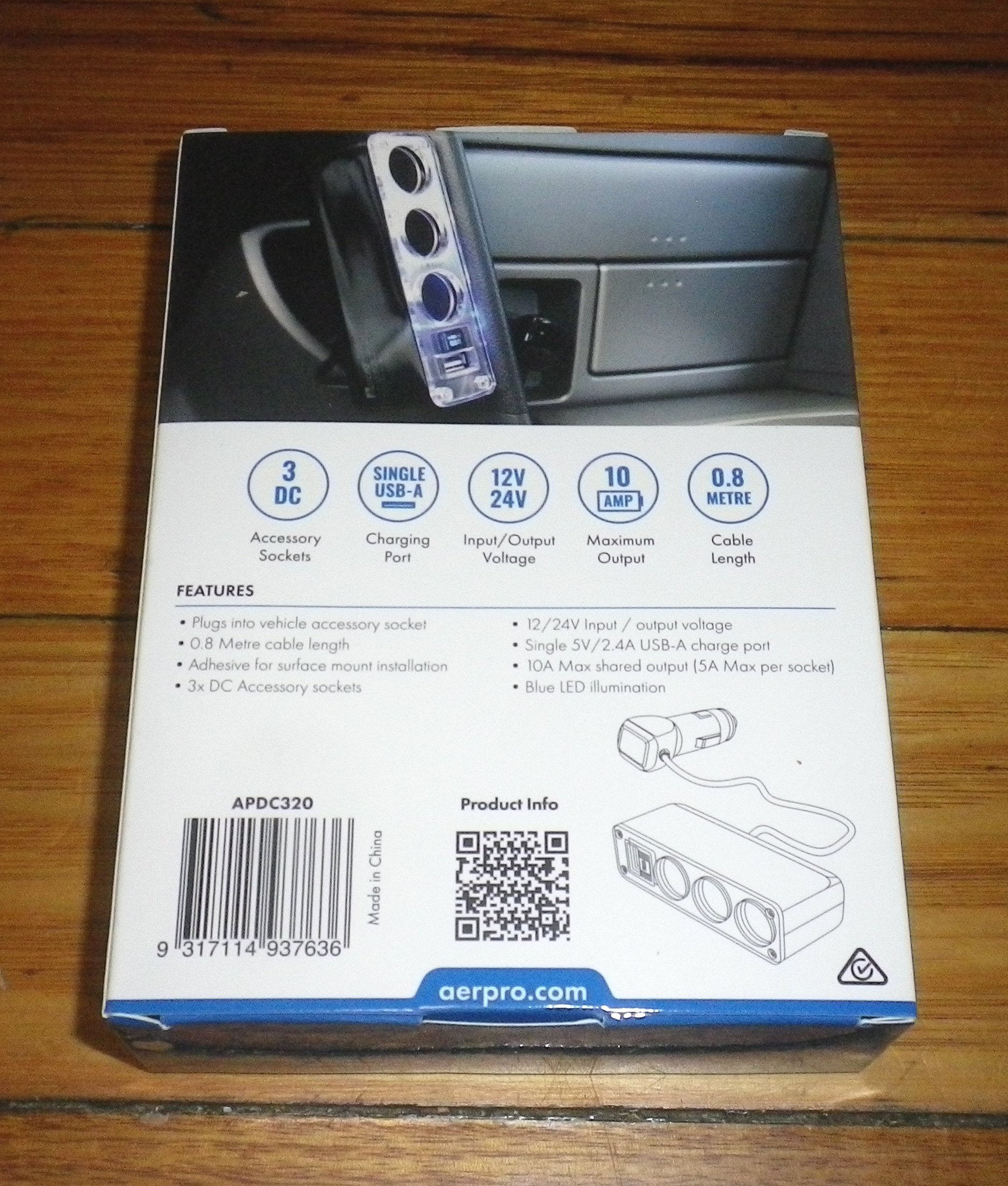 AerPro Premium Triple Car Accessory Socket Adapter with USB Port - Model APDC320