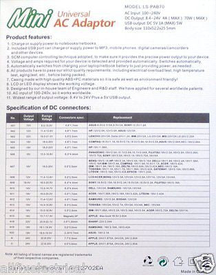 4Amp Universal 12 - 22Volt Switchmode AC Adaptor for Laptops - Part # LS - PAB70