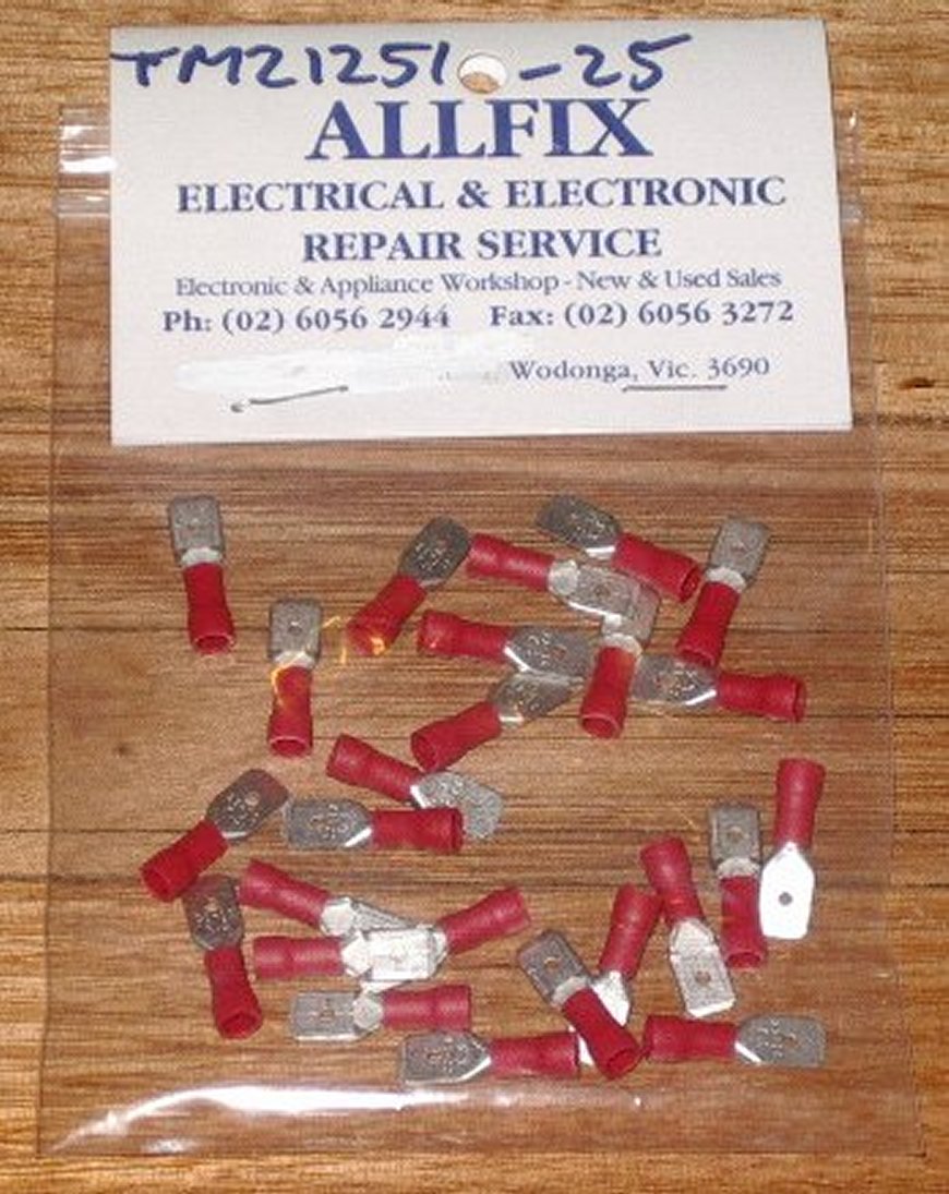 Red Insulated Male 6.4mm Spade Crimp Terminals - Electrical Connection Components (Pack of 25) - Part # TM21251-25