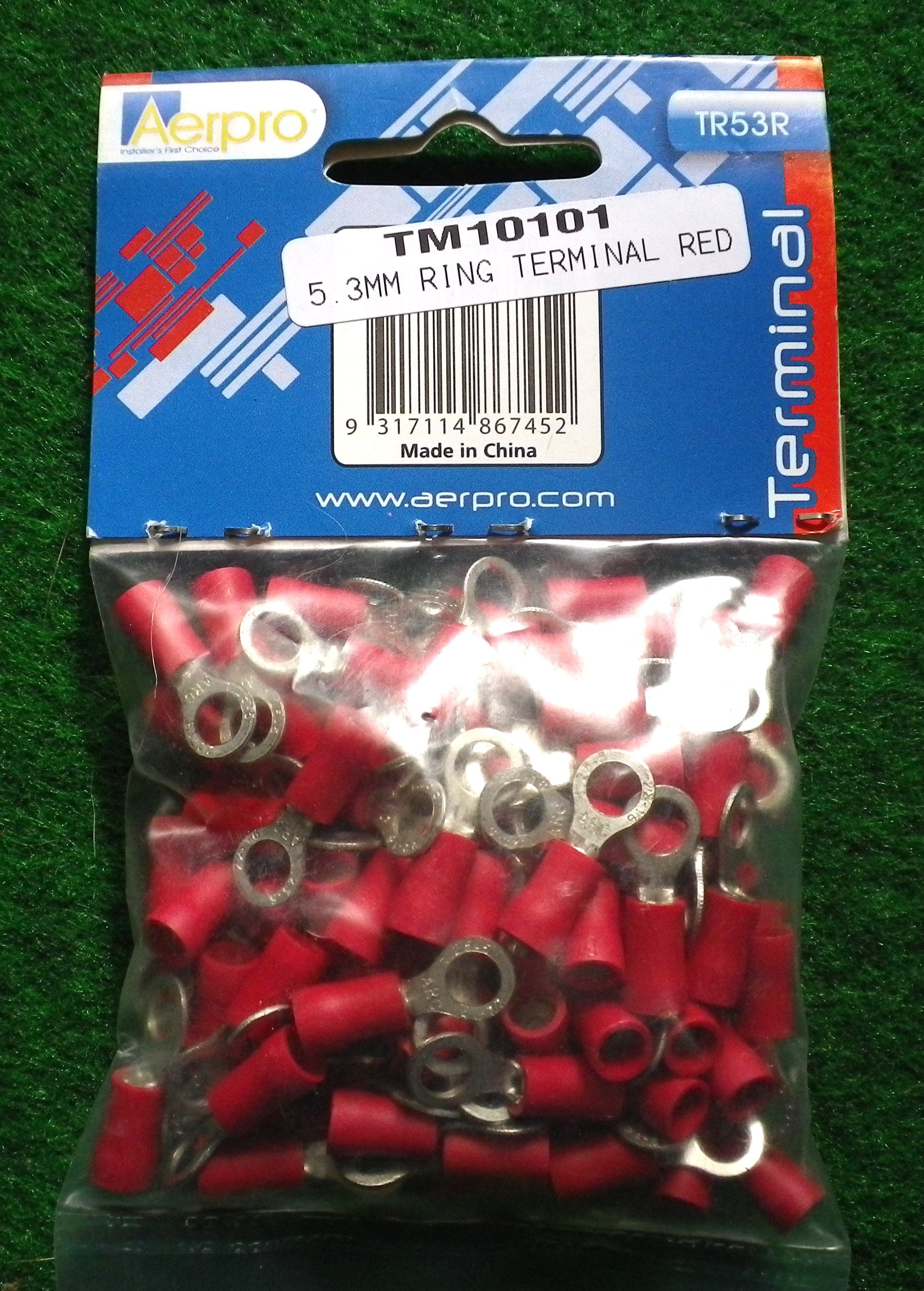 100-Piece Pack of Red 5.3mm Insulated Ring Crimp Terminals - Part # TM10101-100