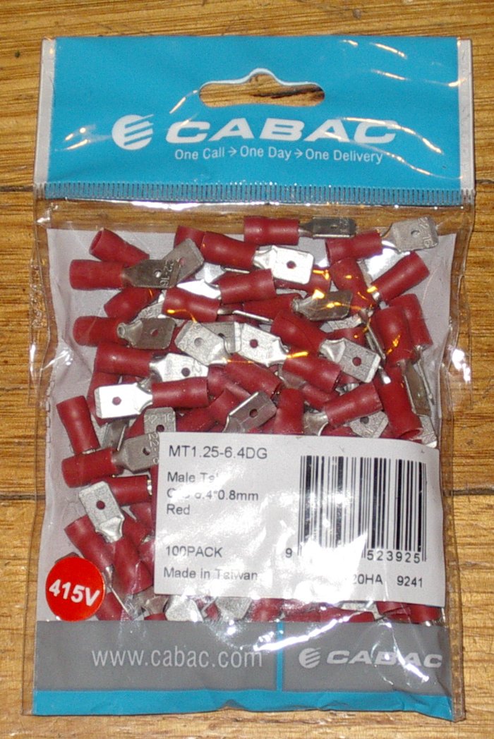 100-Piece Pack of Red 6.4mm Insulated Male Spade Terminals - MT1.25-6.4DG