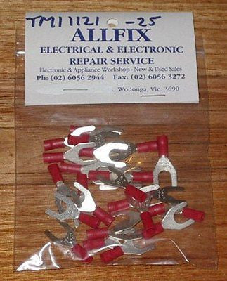 Red Insulated 6.4mm Fork Crimp Terminals for 22 - 18 AWG Wire, Pack of 25 Pieces - Part # TM11121 - 25