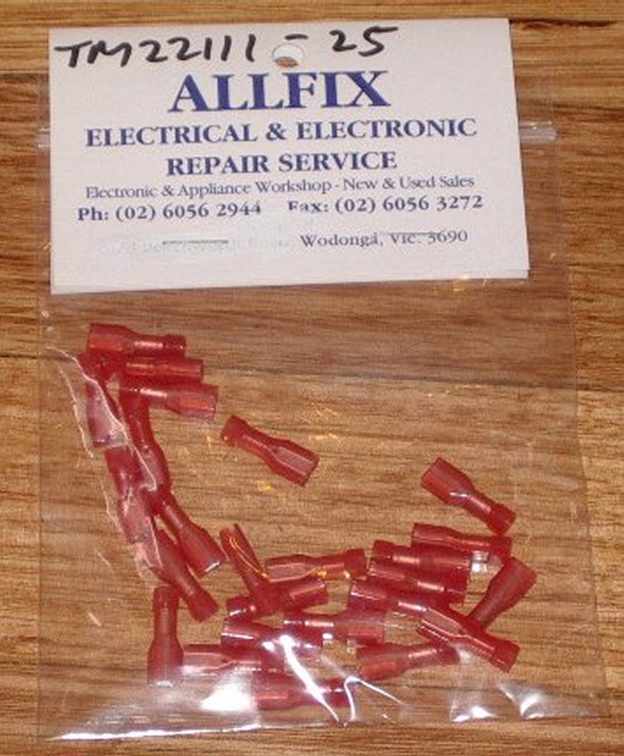 Red 2.8mm Fully Insulated Female Spade Terminals - Pack of 25 (Part # TM22111-25)