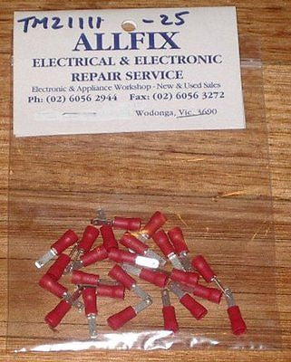 Red Insulated 2.8mm Male Spade Crimp Terminals for 22 - 18AWG Wire, Pack of 25 Pieces - Part # TM21111 - 25