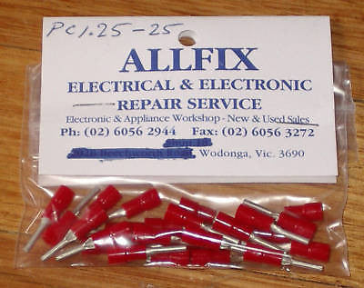 Red Insulated 1.7mm Male Pin Crimp Electrical Connectors - Pack of 25 Pieces, Part # PC1.25-25