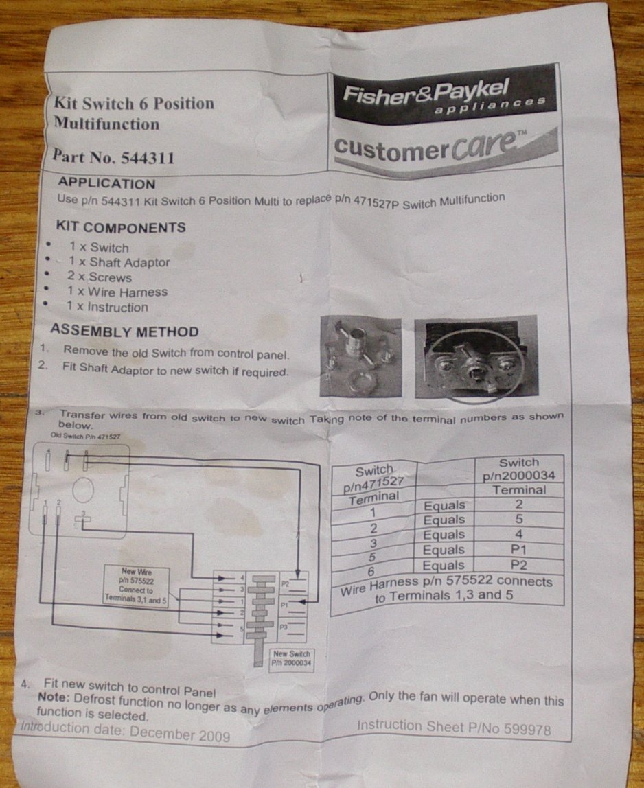 Fisher & Paykel M620, M635 Oven Function Selector Switch - Part # FP544311