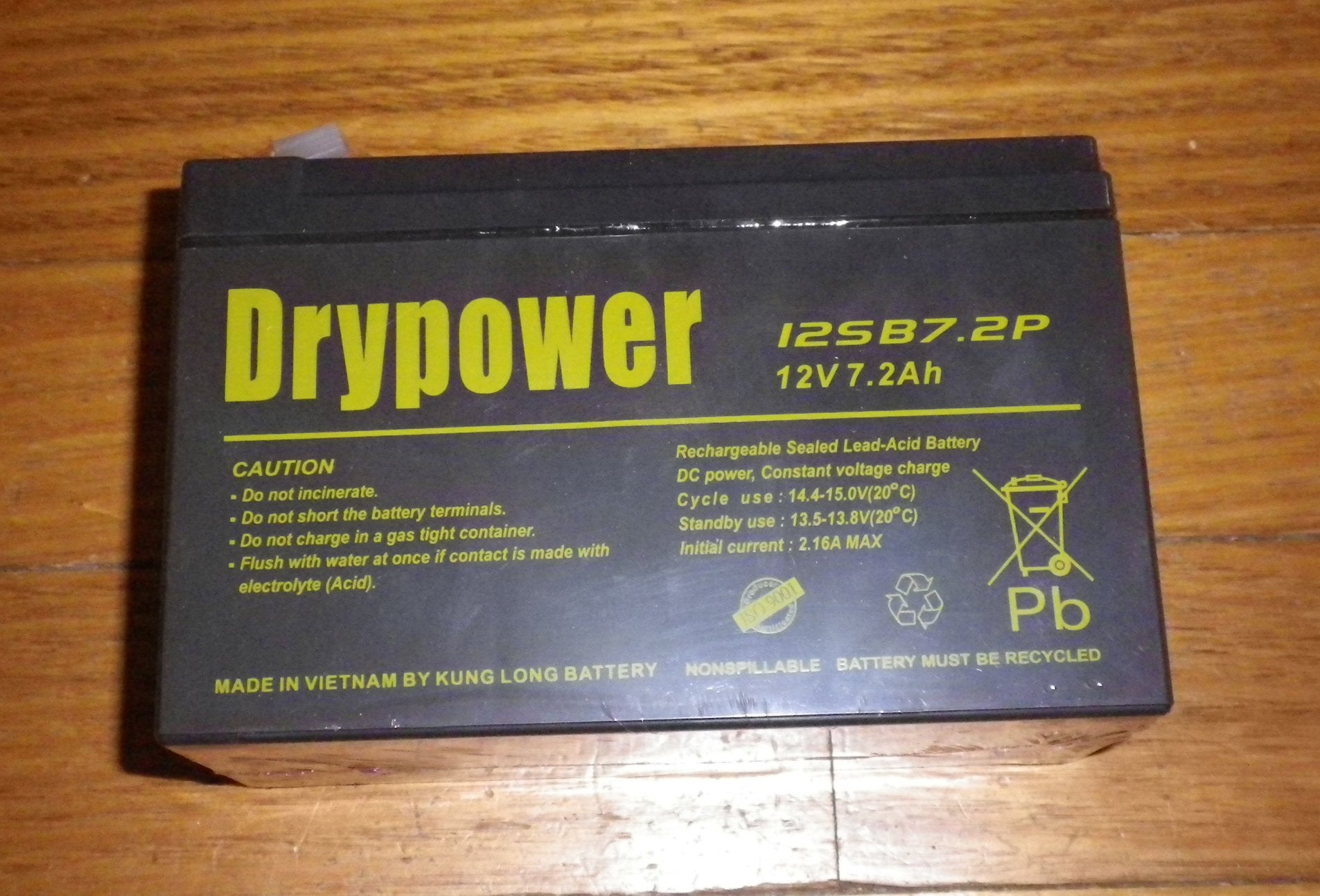 Sealed Lead Acid Rechargeable Dry Power Battery - 12 Volt, 7.2 Ampere - Hour with 6.4mm Male Spade Terminals - Part # 12SB7.2P