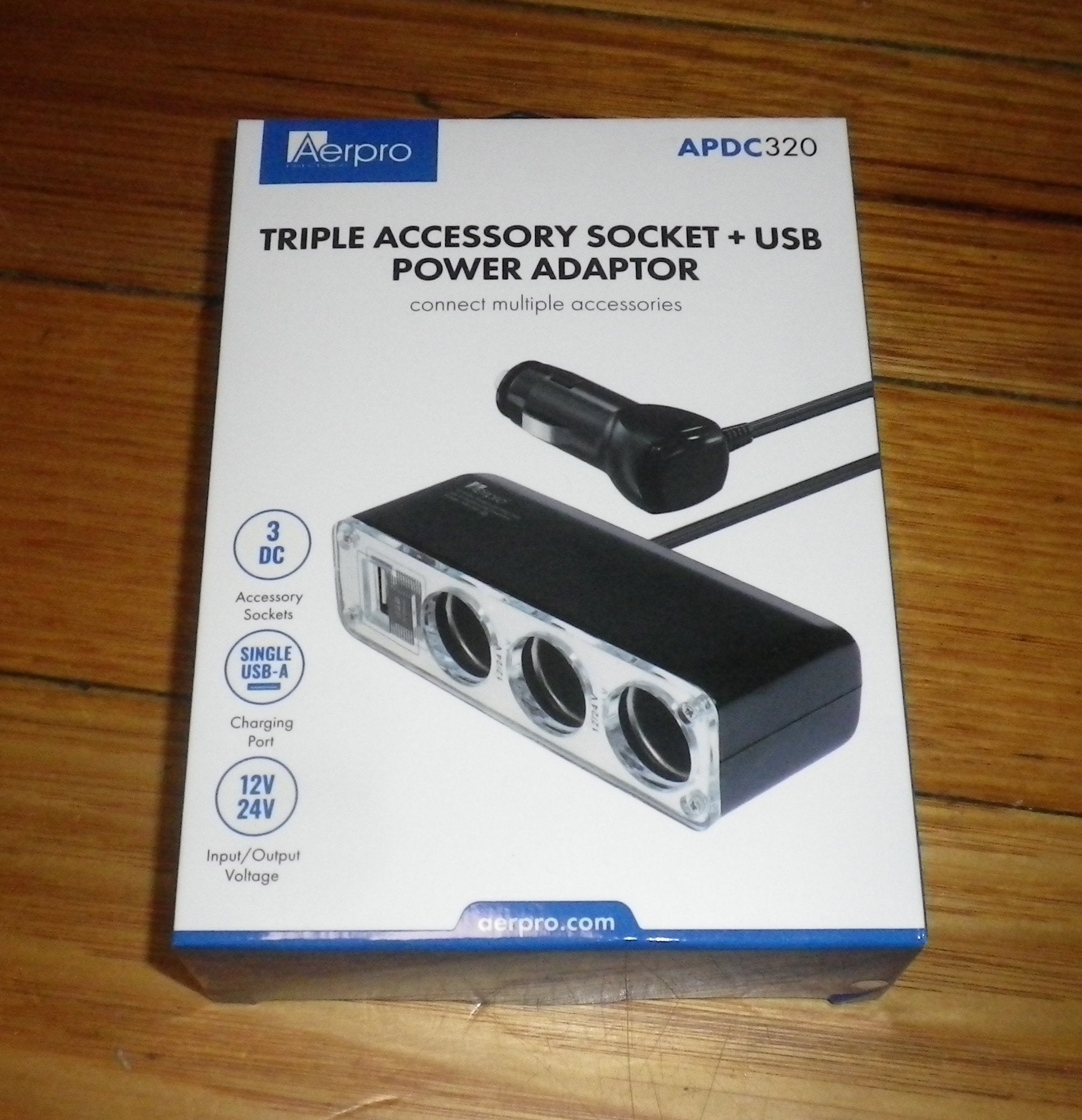 AerPro Premium Triple Car Accessory Socket Adapter with USB Port - Model APDC320