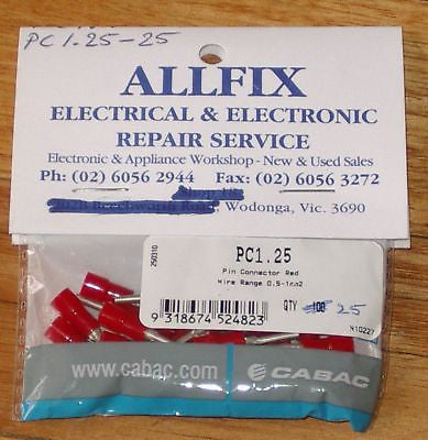 Red Insulated 1.7mm Male Pin Crimp Electrical Connectors - Pack of 25 Pieces, Part # PC1.25-25