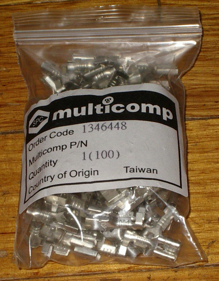 Uninsulated 6.4mm Female Spade Crimp Terminals - 100 Pieces per Packet, Part # 1346448
