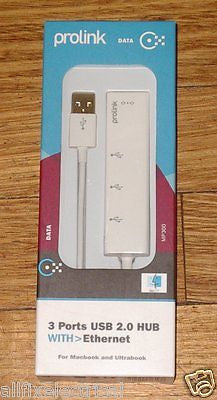 Prolink Premium Quality 3-Port USB 2.0 Data Hub with Ethernet Cable, 0.15 Meter - Model MP300
