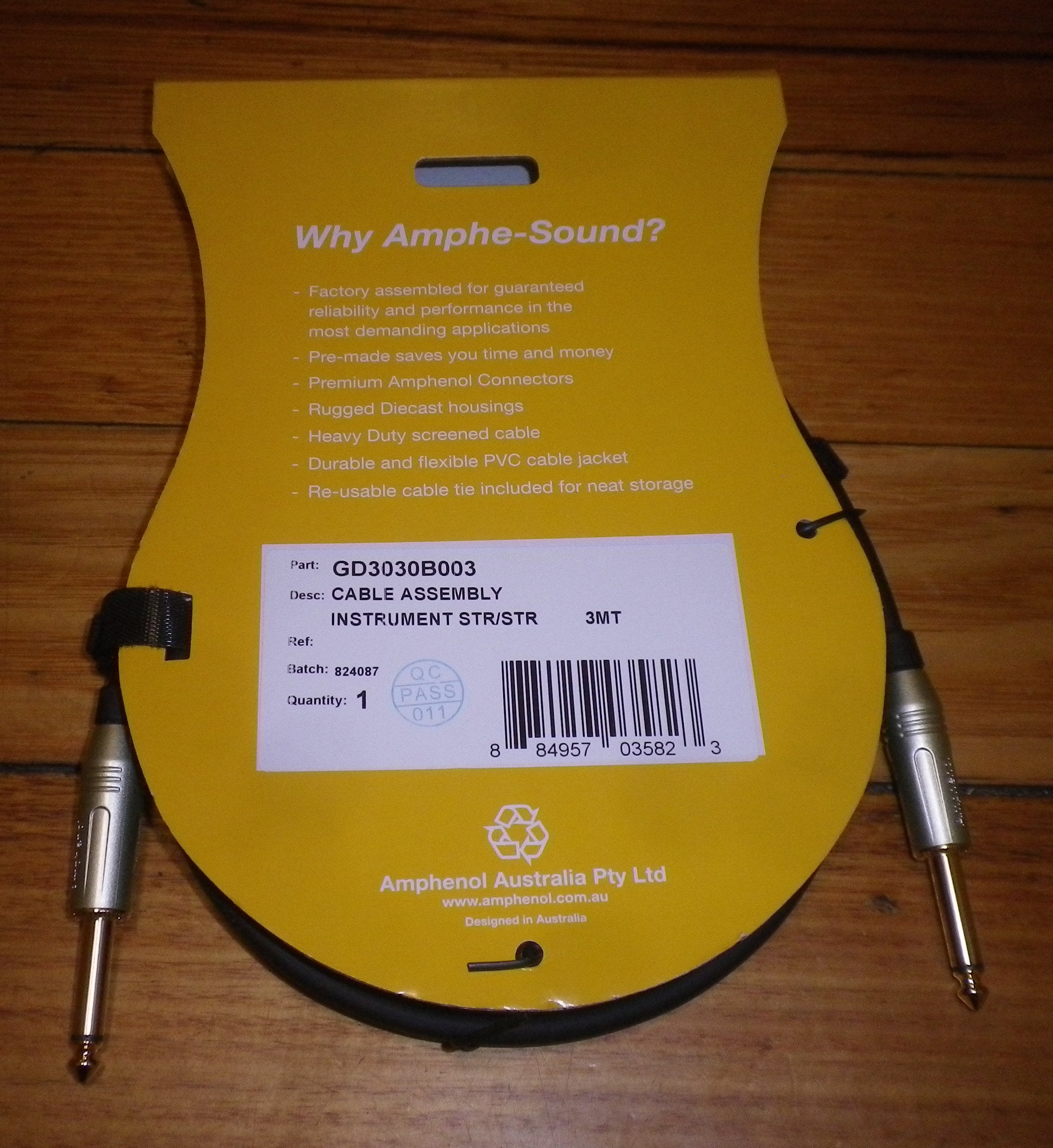 Amphenol Gold 3-Meter Audio Cable with 2 x 6.3mm Mono Phone Plugs - Part GD3030B003