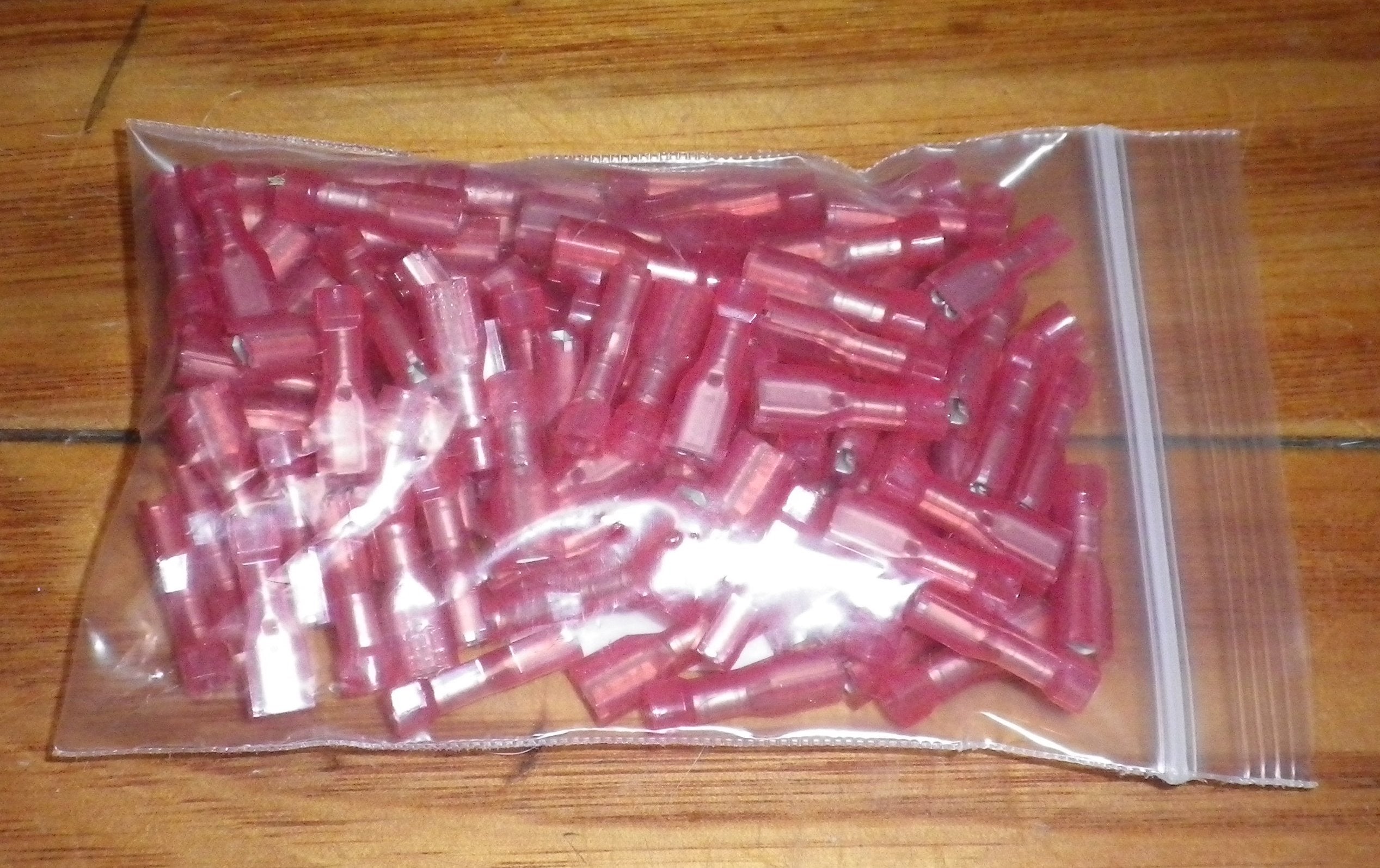 Red 2.8mm Fully Insulated Female Spade Terminals - Pack of 100 (Part # TM22111-100)