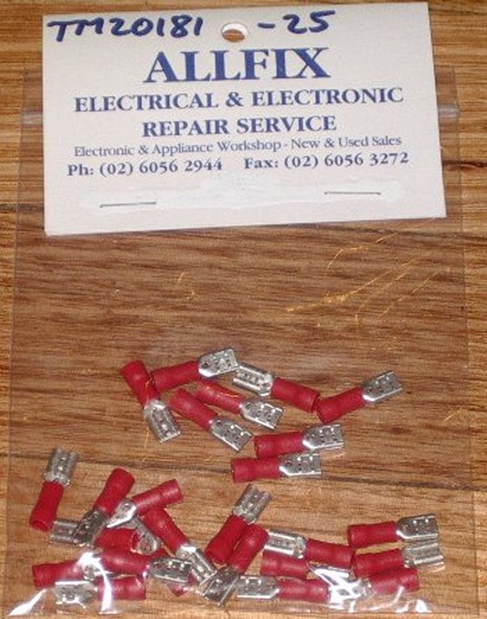 Insulated Red Female 4.7mm Spade Crimp Terminals - 25 Pieces Pack - Part Number TM20181-25
