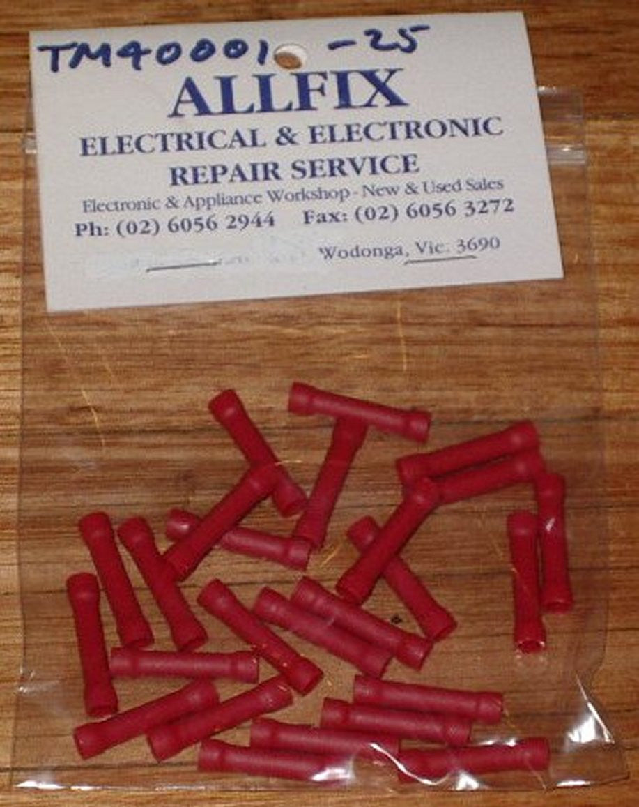Red Insulated Inline Double-Ended Butt Splice Crimp Terminals - 25 Piece Packet - Part # TM40001-25
