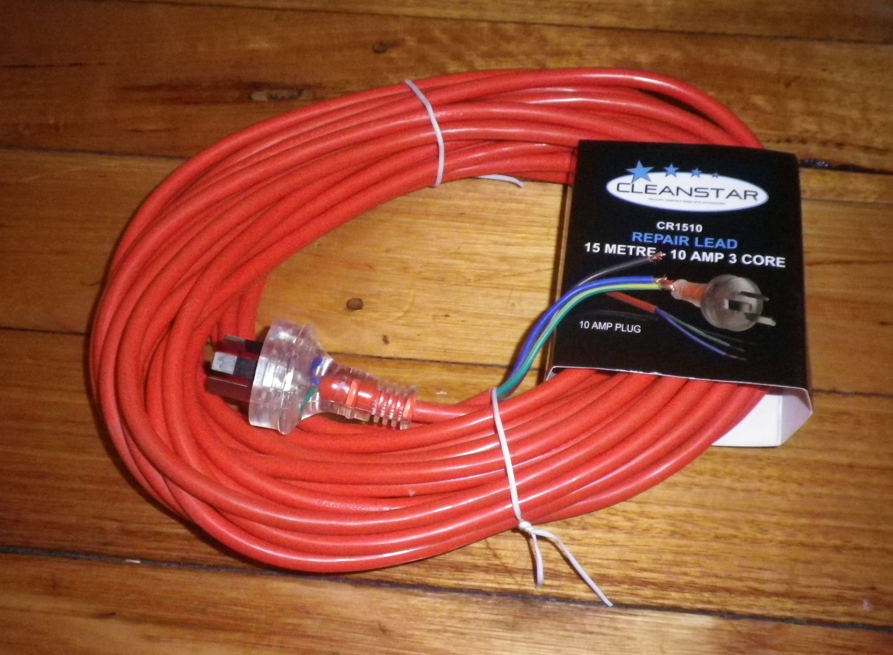 15m Round Orange 3-Wire Vacuum Cleaner Mains Power Cord with Plug - Part # CR1510